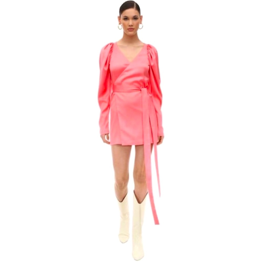 NWT Rotate Birger Christensen No.31 Puff Sleeve Wrap Dress Satin Pink Small